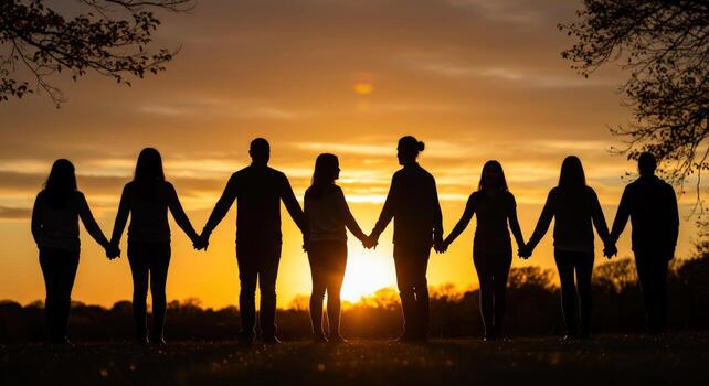 People connected, holding hands at sunset
